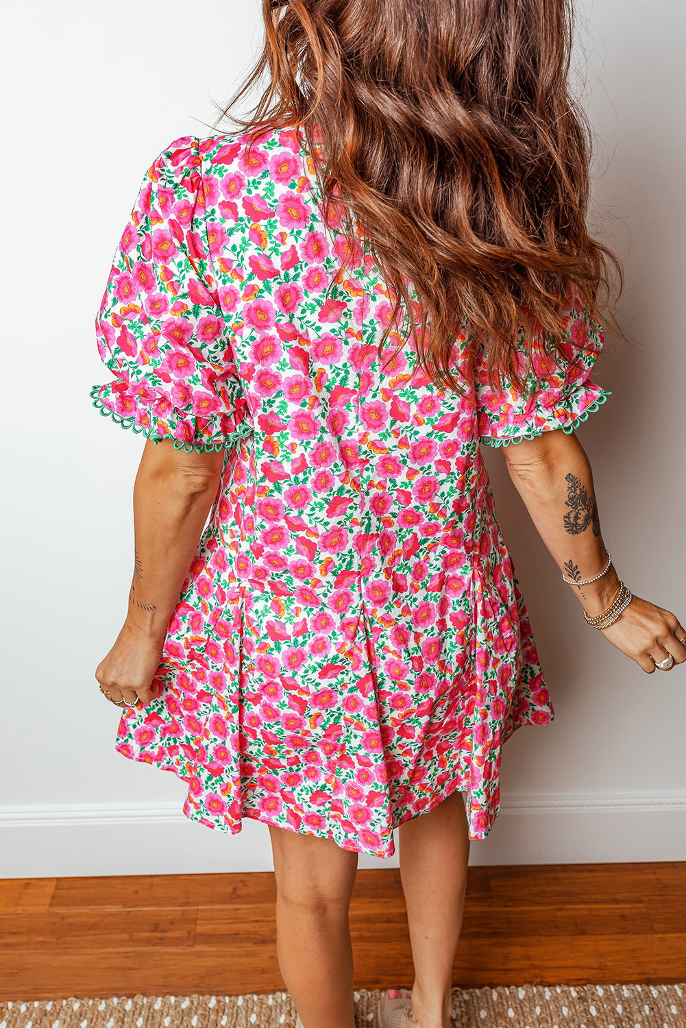 Floral Patchwork V-Neck Bubble Sleeve Mini Dress