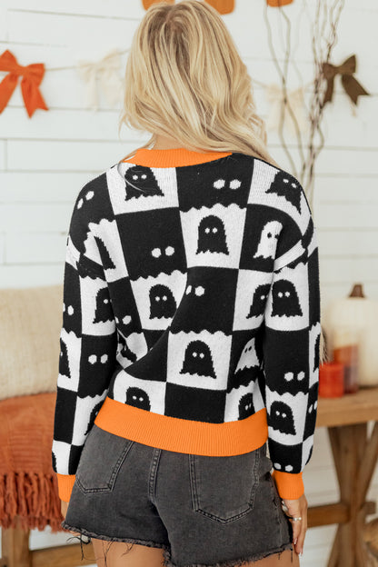 Halloween Ghost Checker High Neck Drop Shoulder Sweater