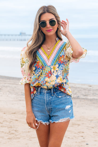 Floral Boho Crochet V-Neck Short Sleeve Blouse