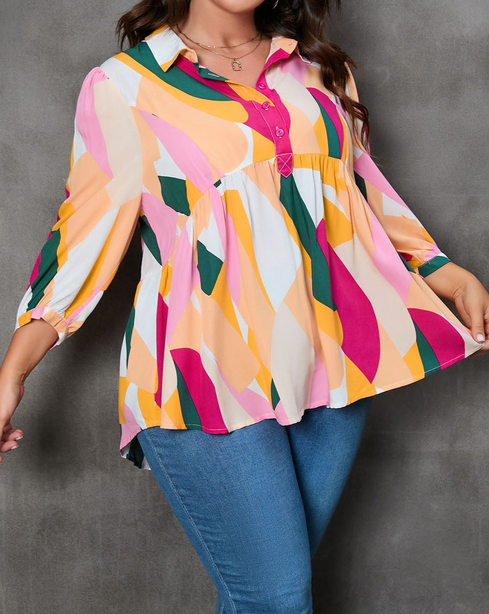 Geometric 3/4 Sleeve Blouse Plus Size