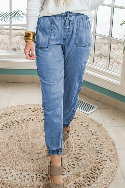 Denim High Waist Pocketed Joggers Plus Size