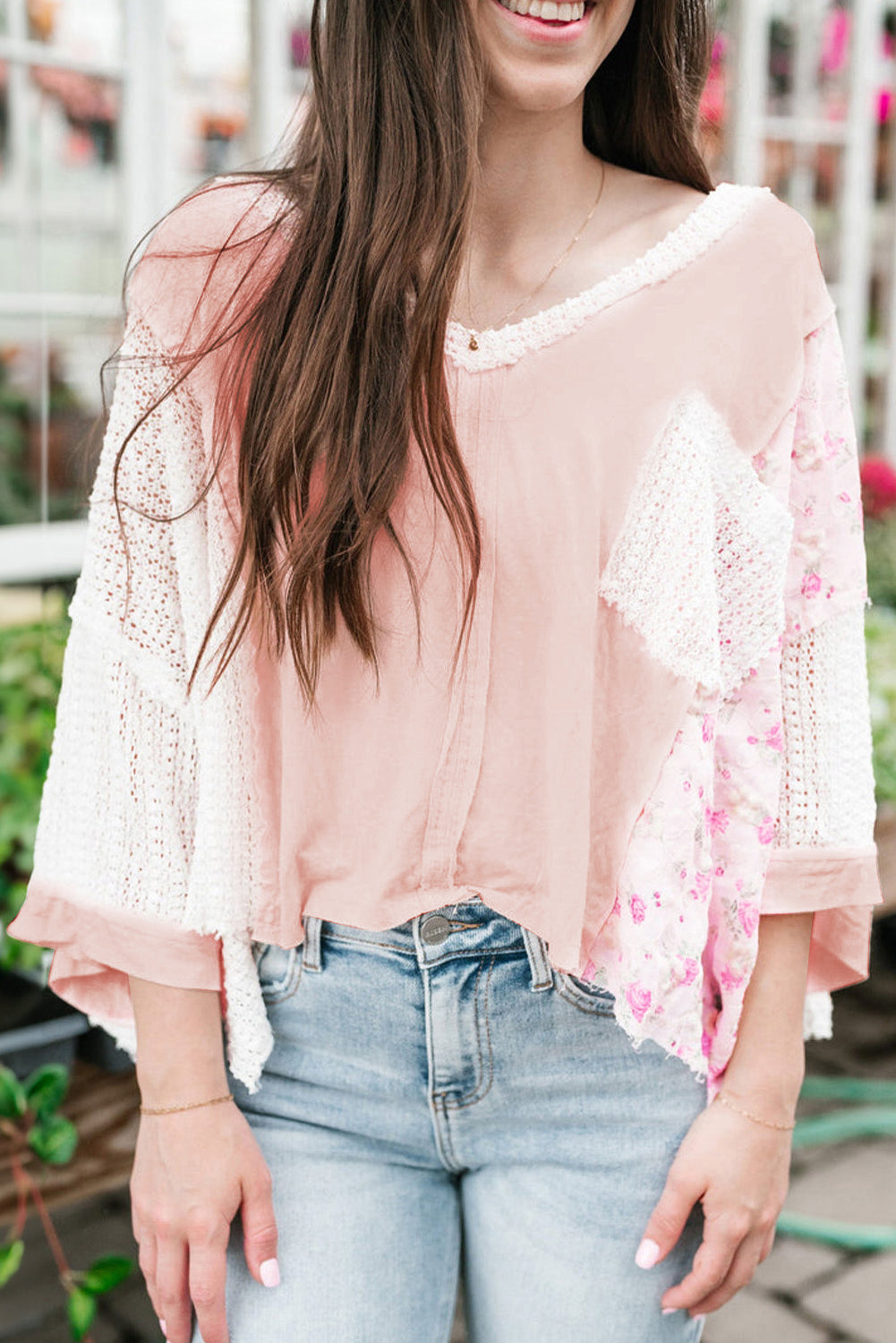 Floral Lace Crochet Batwing Sleeve Blouse