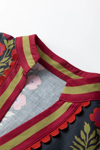 Floral Contrast Slit V-Neck Short Bubble Sleeve Blouse