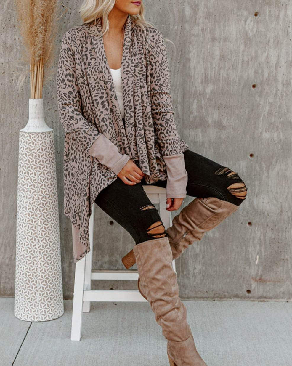 Leopard Draped Open Front Cardigan