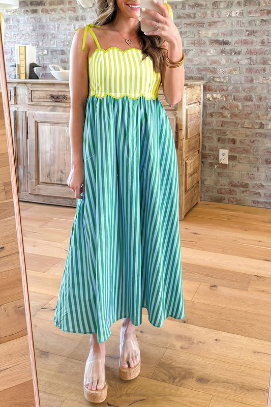 Stripe Scalloped Contrast Patchwork Knot Strap Midi Dress