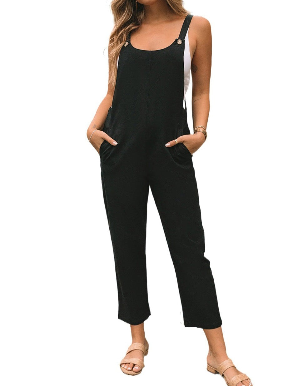 Button Straps Pocketed Cropped Jumpsuit