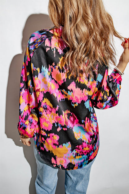 Abstract Floral Puff Sleeve Blouse