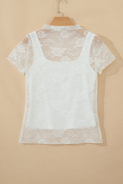 Sheer Lace Mesh Round Neck T-Shirt