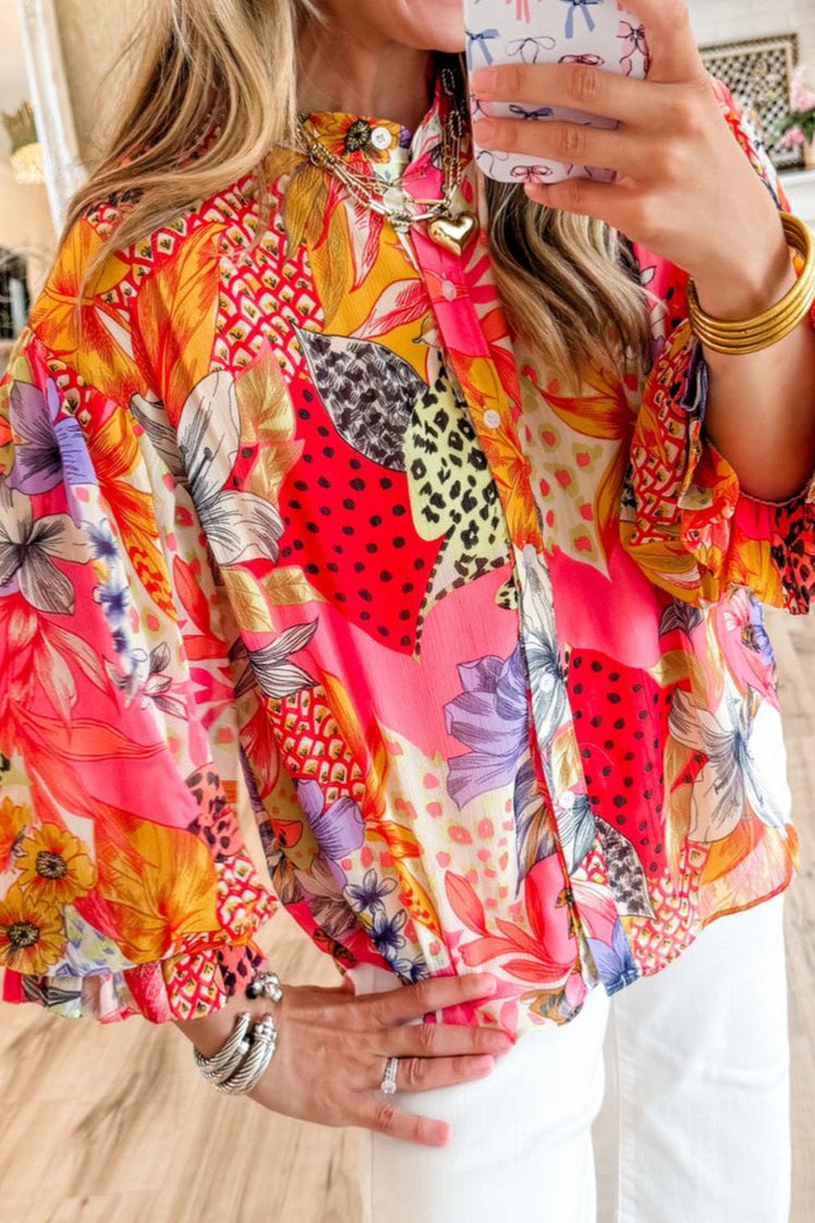 Abstract Floral Bubble Sleeve Shirt