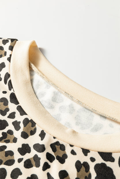 Leopard Contrast Trim Pullover and Drawstring Shorts Set