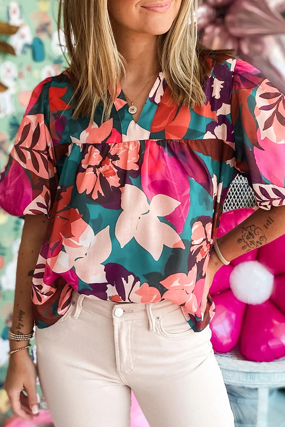 Floral Notched V-Neck Blouse