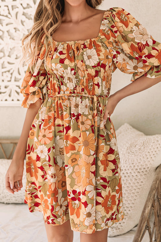 Floral Ruffle Puff Sleeve Dress