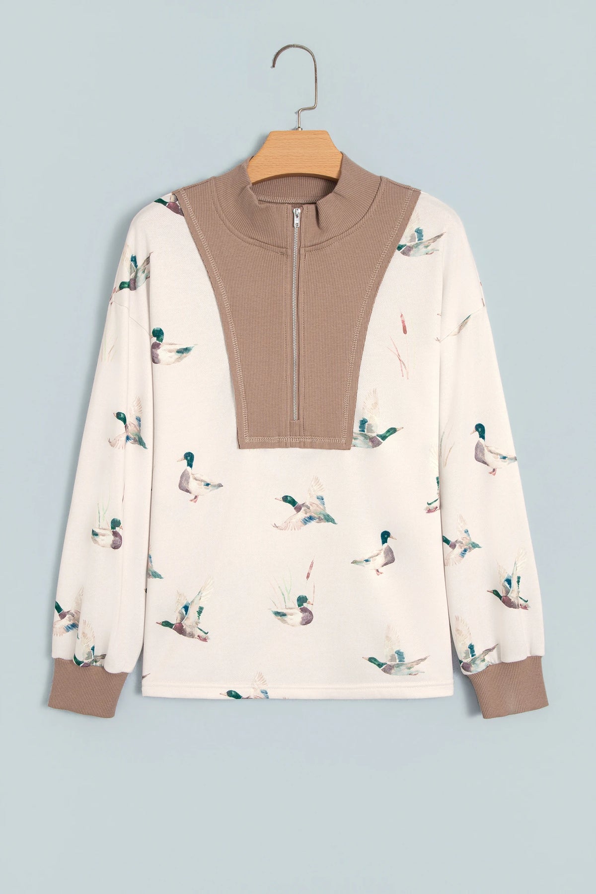 Mallard Ribbed Patchwork Zip Neck Long Sleeve Top