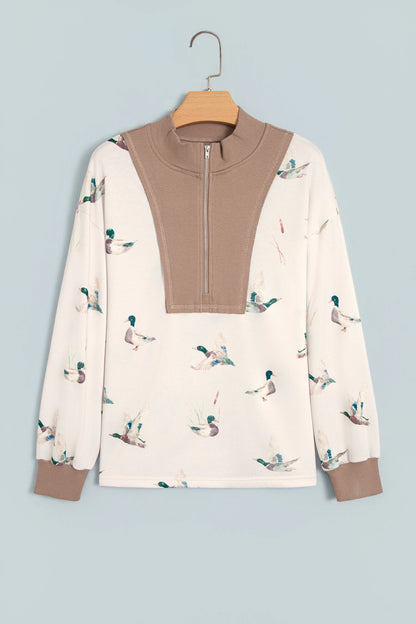 Mallard Ribbed Patchwork Zip Neck Long Sleeve Top