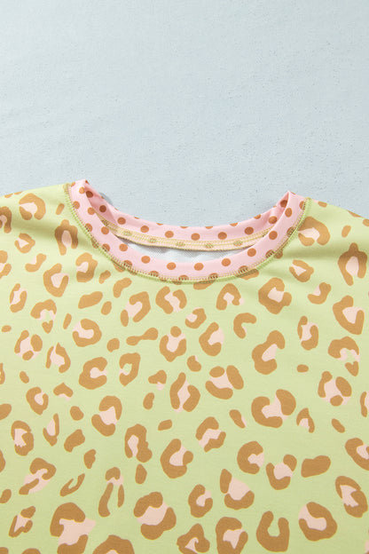 Plus Size Leopard Polka Dot Trim Long Sleeve Top