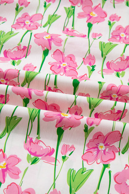 Floral Contrast Trim V-Neck Ruffle Short Sleeve Blouse