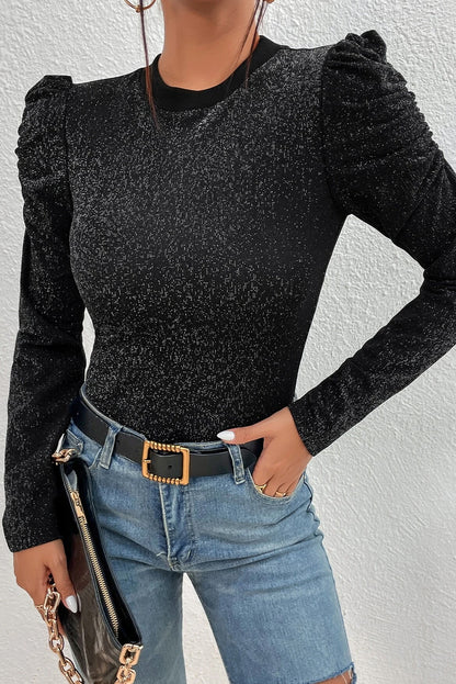 Metallic Puff Sleeve Knit Top