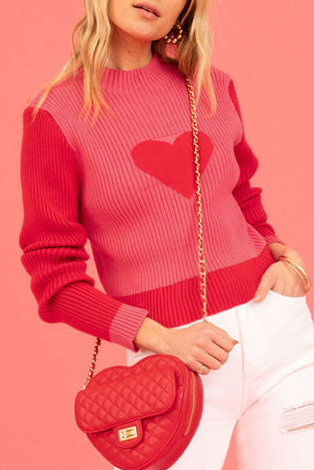 Heart Colorblock Mock Neck Sweater