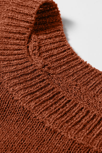 Ribbed Knit Round Neck 3/4 Sleeve Sweater