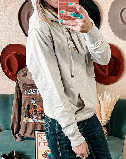 Contrast Trim Buttoned Hoodie w/Pocket