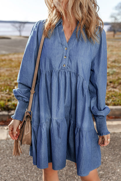 Denim Smocked Long Sleeve Mini Dress