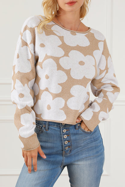 Floral Rolled Edge Cropped Sweater