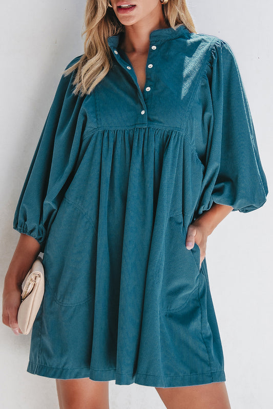 Solid Corduroy 3/4 Sleeve Snap Button Dress