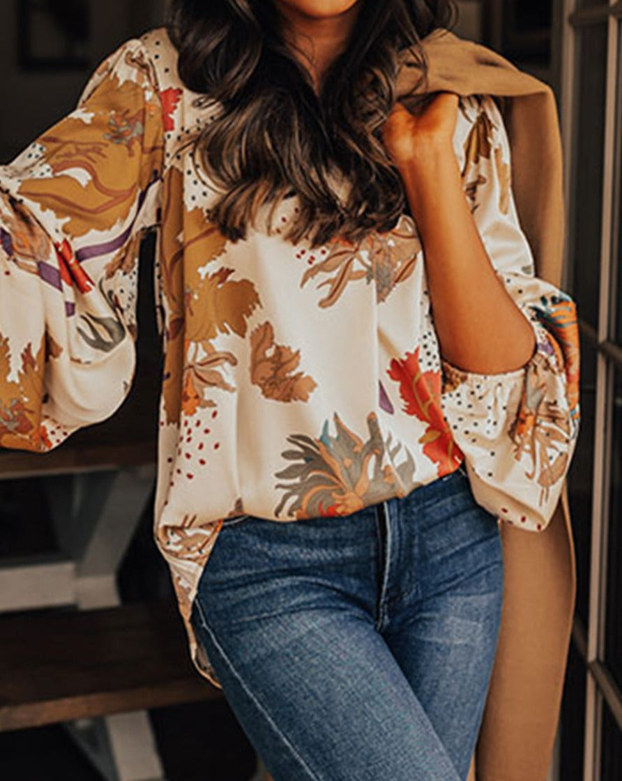 Floral V-Neck Puff Sleeve Blouse