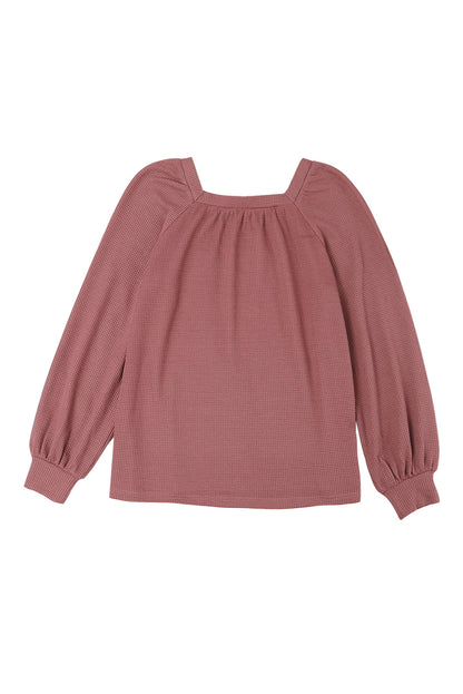 Waffle Square Neck Puff Sleeve Top