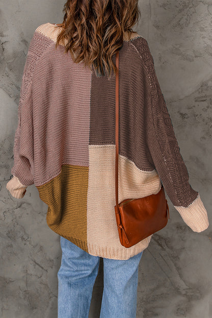 Colorblock Cable Knit Open Front Cardigan