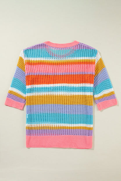 Stripe Colorblock Crochet 3/4 Sleeve Sweater