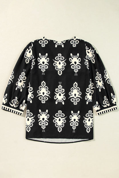 Geometric 3/4 Sleeve V-Neck Blouse