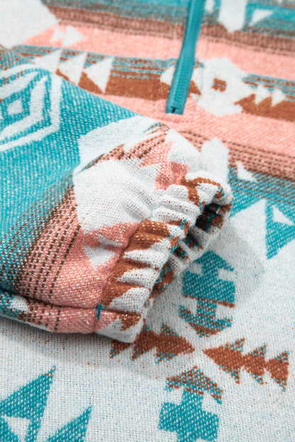 Western Aztec Quarter-Zip Elastic Cuffs Sweatshirt