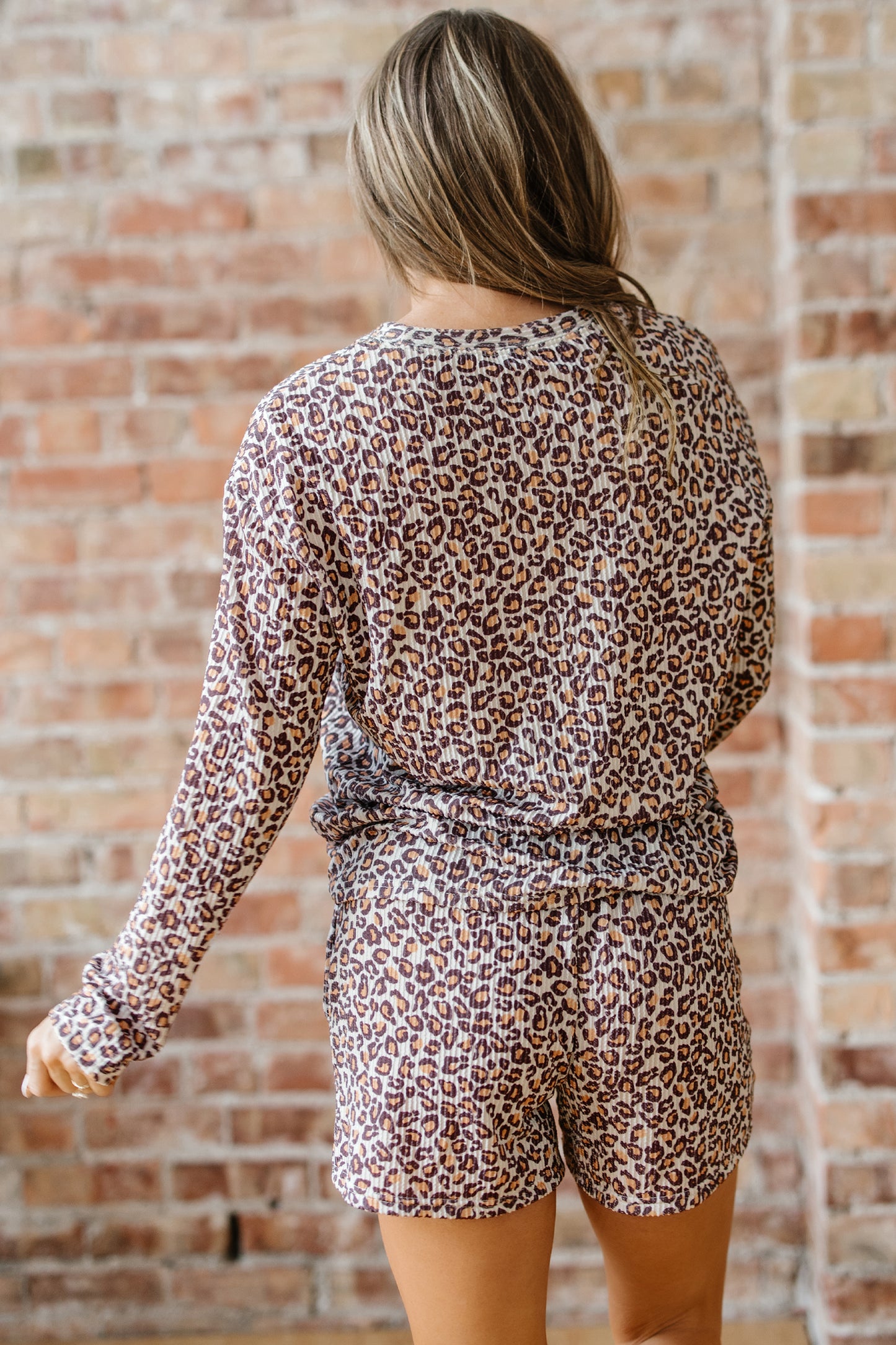 Leopard Ribbed Long Sleeve Top and Shorts Set