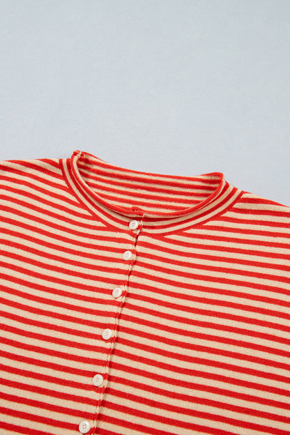 Stripe Button Collar Long Sleeve Knit Cardigan
