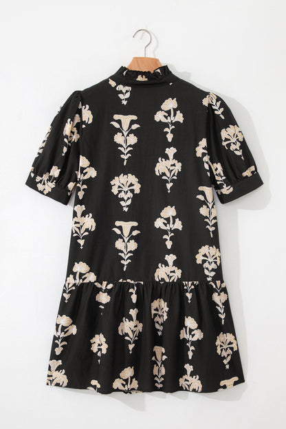 Floral Frilled V-Neck Puff Sleeve Mini Dress