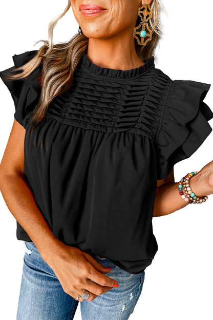 Pleated Ruffle Short Sleeve Blouse