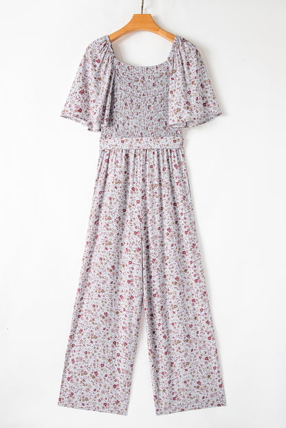 Floral Smocked Short Sleeve Wide Leg Jumpsuit