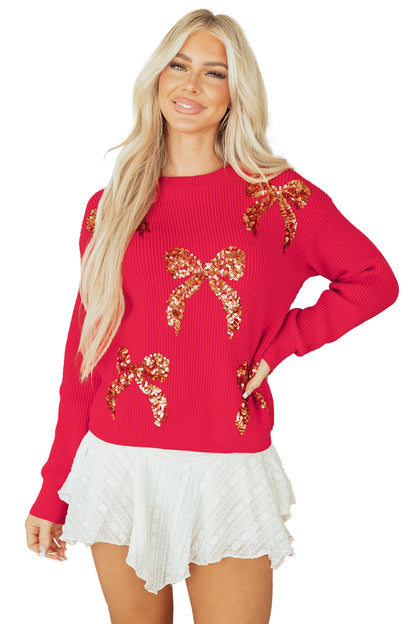 Christmas Sequin Bow Drop Shoulder Sweater