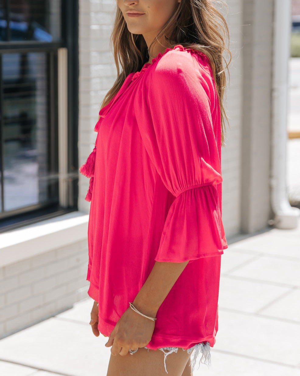 Ruffle 3/4 Sleeve Tassel Tie Top