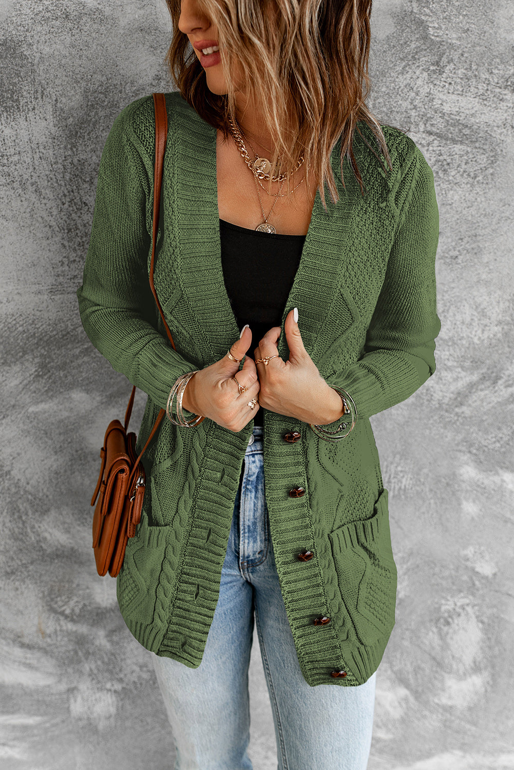 Cable Button Front Pocketed Cardigan