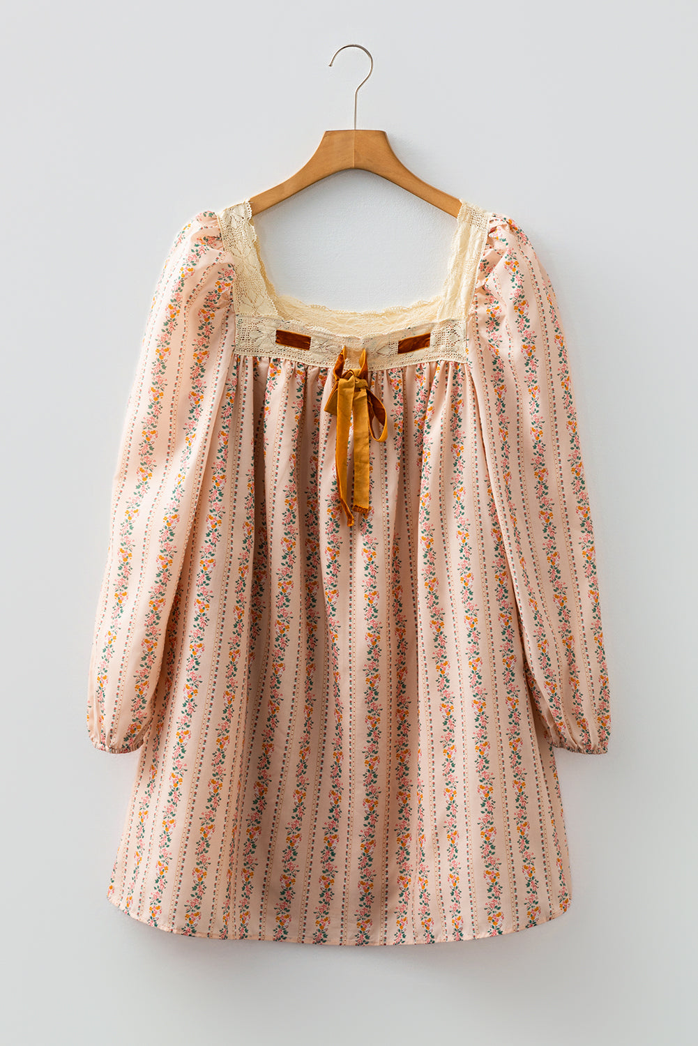 Floral Lace Square Neck Velvet Bow Tie Mini Dress