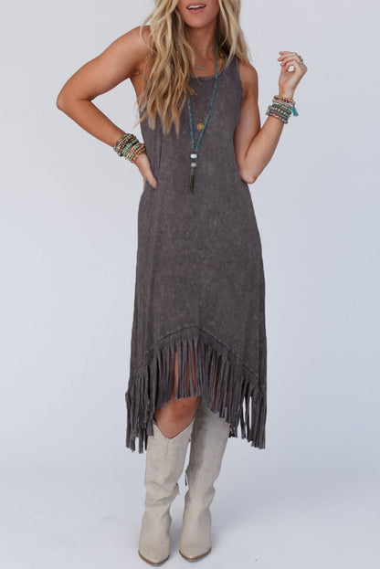 Fringe Hem Sleeveless Midi Dress