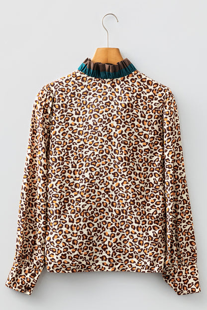 Leopard Contrast Frilled Trim Button-Up Shirt