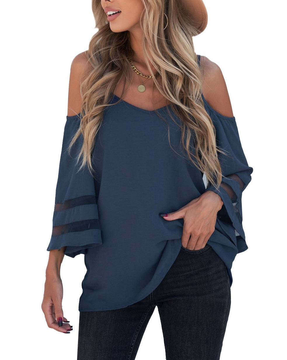 Mesh Stripe Cold Shoulder Blouse