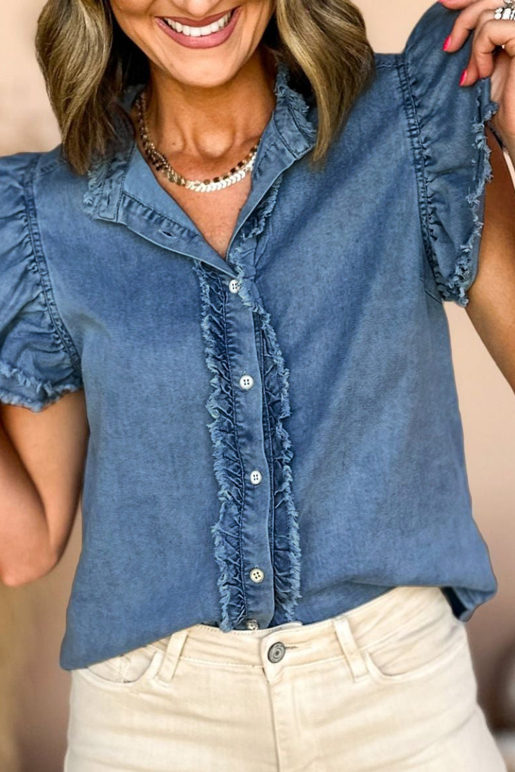 Denim Ruffle Frayed Buttoned Top