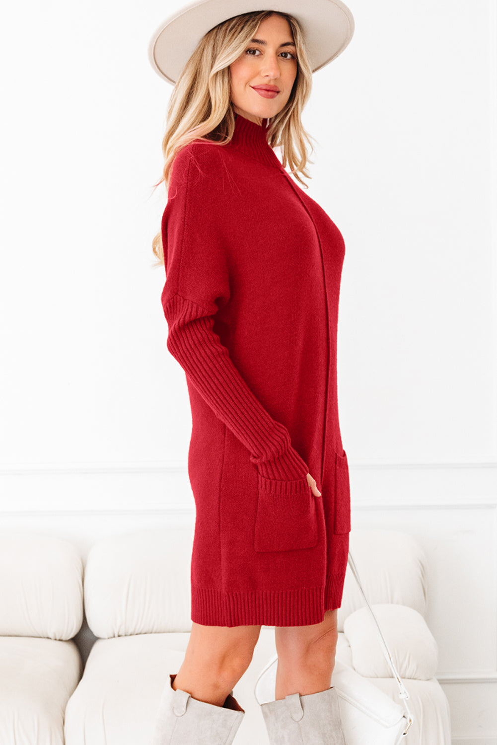 Solid Ribbed Mock Neck Sweater Dress
