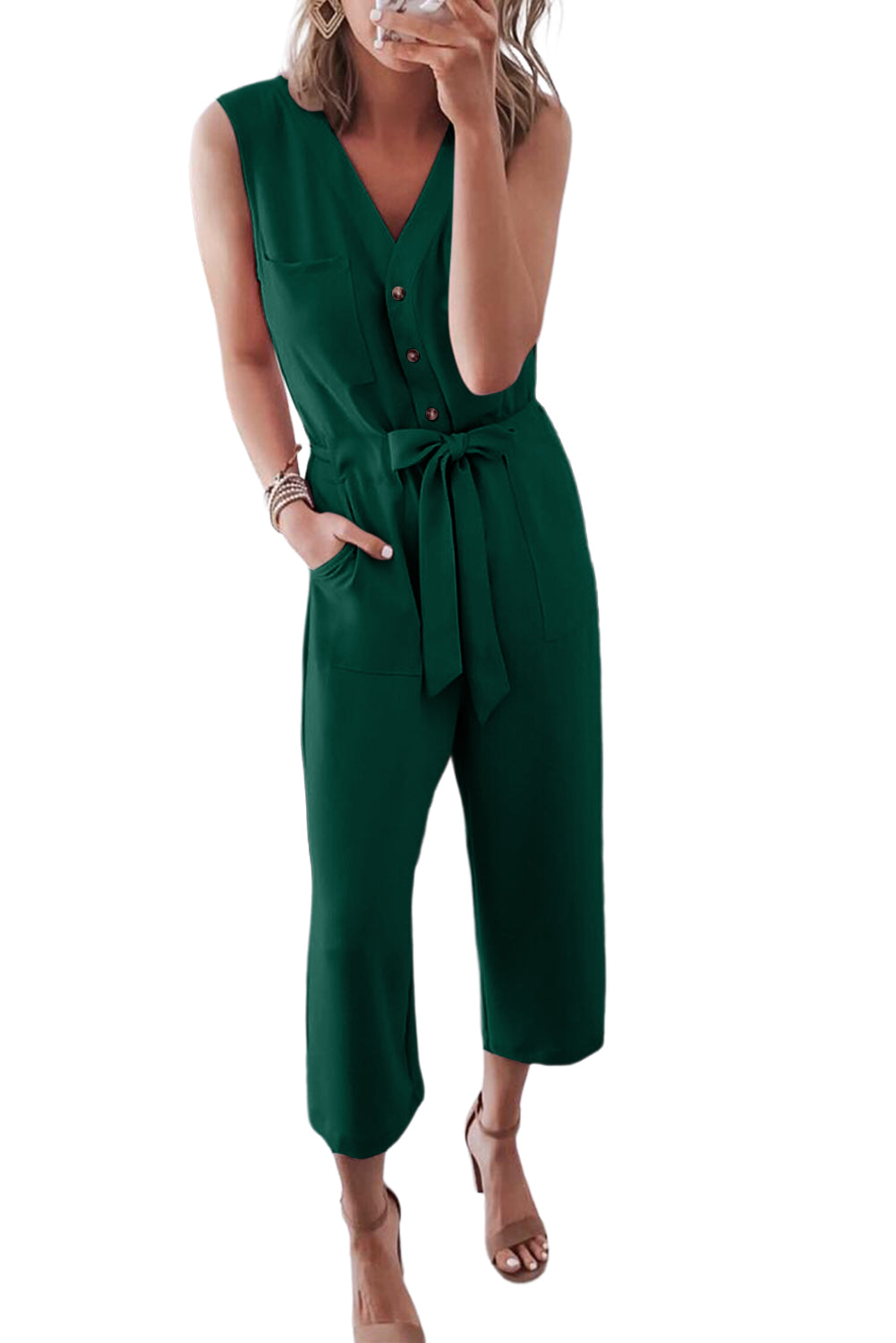 Button-Up Sleeveless Belted Jumpsuit