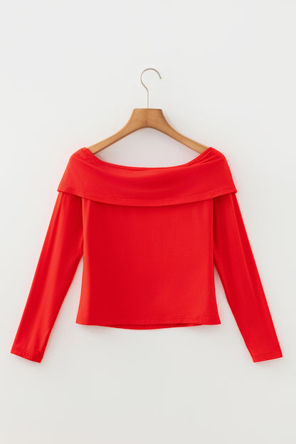 Solid Fold-Over Off-Shoulder Long Sleeve Top
