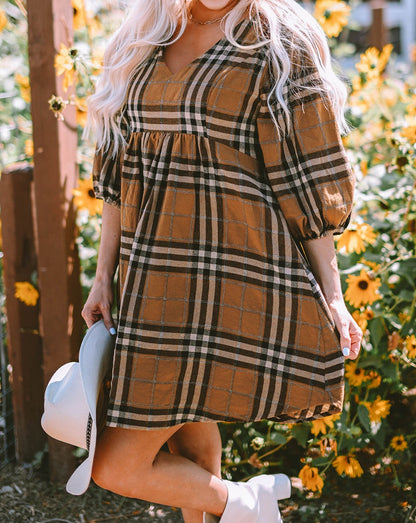 Plaid Puff Sleeve Babydoll Dress